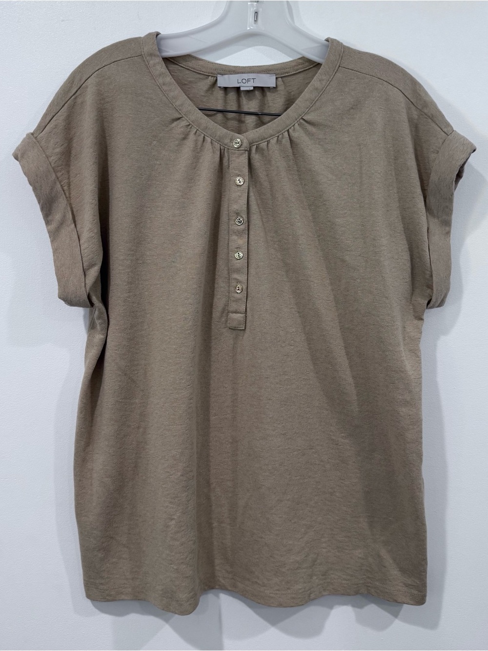 Loft Women’s Top Size L Henley Gold Buttons Relaxed Cuffed Sleeve Minimalist